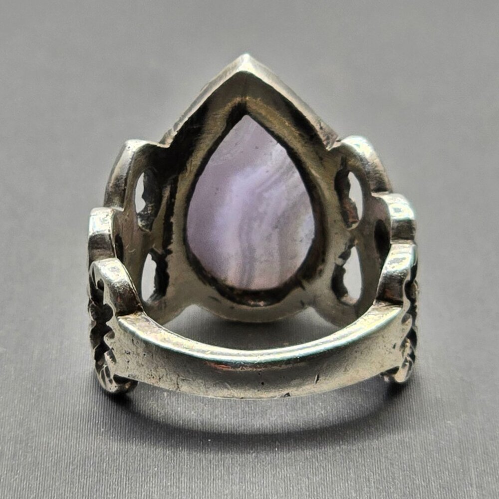 VTG Sterling Silver Teardrop Blue Lace Agate Ring Size 6.5 Cut-Out Link Band - Picture 3 of 11